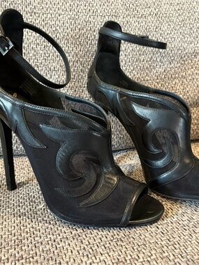 Brian Atwood Women's Black Ankle-Strap Peep-Toe Heels